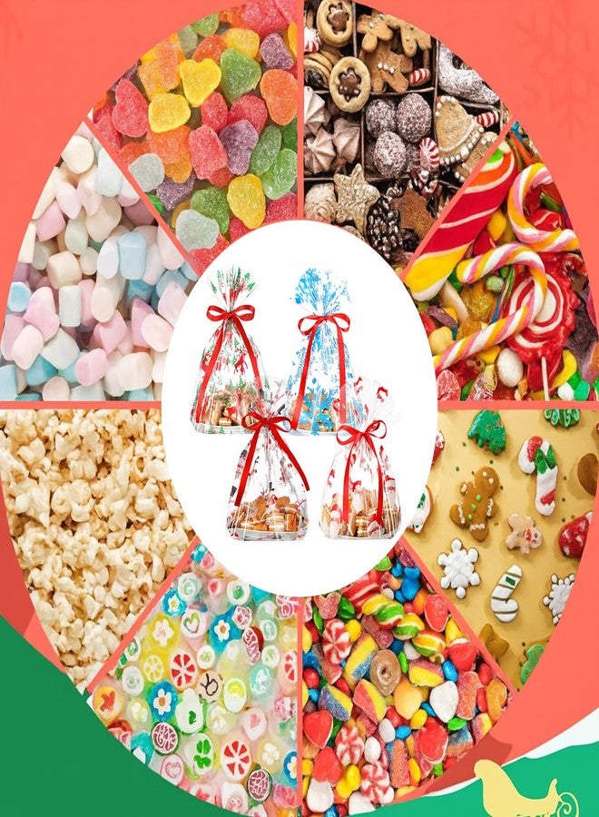 مينبلان أكياس بسكويت شفافة من مينبلان، ٥٠ قطعة، مزينة بشريط أحمر، بنقوش بابا نويل، غزال، رجل ثلج، وندفات ثلج، مثالية لتوزيعات حفلات عيد الميلاد. - Image 5